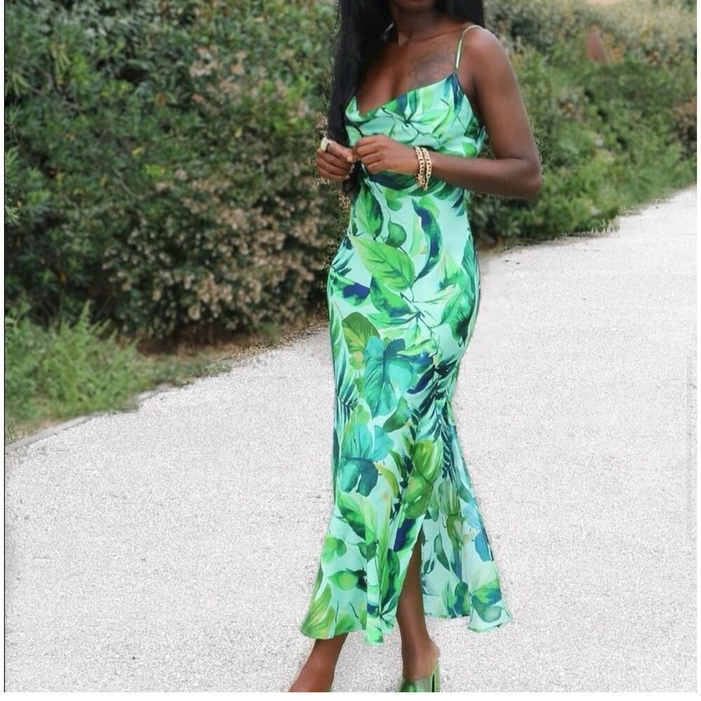 ZARA Silky Maxi Dress – Palm Leaf Tropical Print – Shades of Green & Aqua Blue - Picture 4 of 11